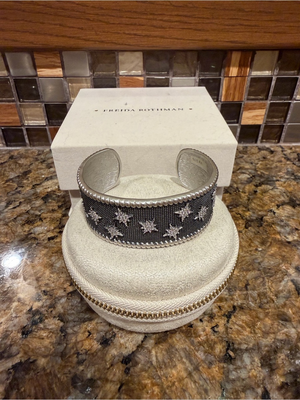 Freida Rothman Black Mesh Star Cuff Bracelet with Silver Accents